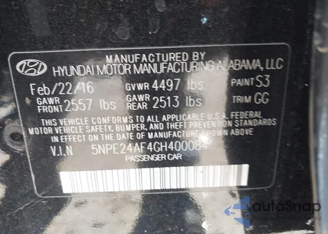 2016 Hyundai Sonata Se z USA, uszkodzony, nr VIN 5NPE24AF4GH400084